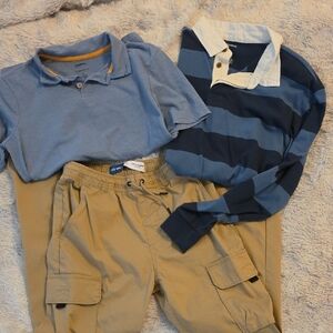 Sonoma Boys Blue Polo & Navy-Blue Rugby Stripe Top Set with Tan Cargo Pants